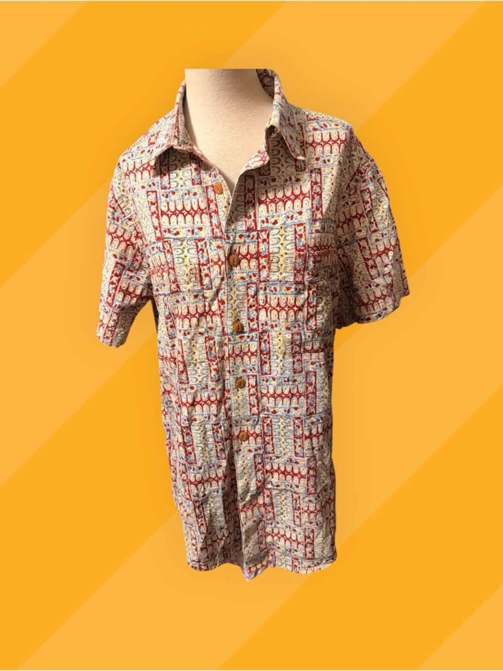 Men's Short-Sleeve Button-Up Shirt — Red & Cream Pattern
